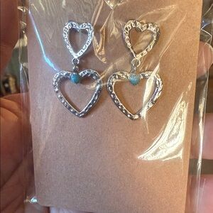 Silver Heart Drop Earrings with Turquoise Accent - Women Jewelry